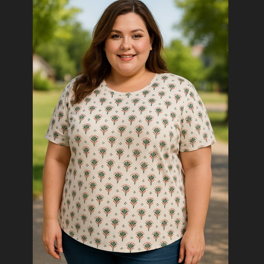 Croft & Barrow Classic Tee Womens XXL PLUS Short Sleeve White Green Floral Print